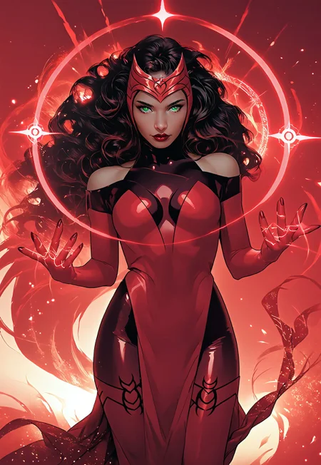 score_9, score_8_up, score_7_up, score_6_up, masterpiece, best quality, ((zPDXL3)), ((zPDXLxxx)), epiCPhoto, beautiful, masterpiece, best quality, high res, face focus,  (extremely detailed face and eyes), <lora:Scarlet_Witch_Hellfire:1> 1girl, long hair, black hair, green eyes, latex bodysuit, headdress,   pelvic curtain, floating, (magic:1.5), casting spell, red magic, magic circles, red energy,