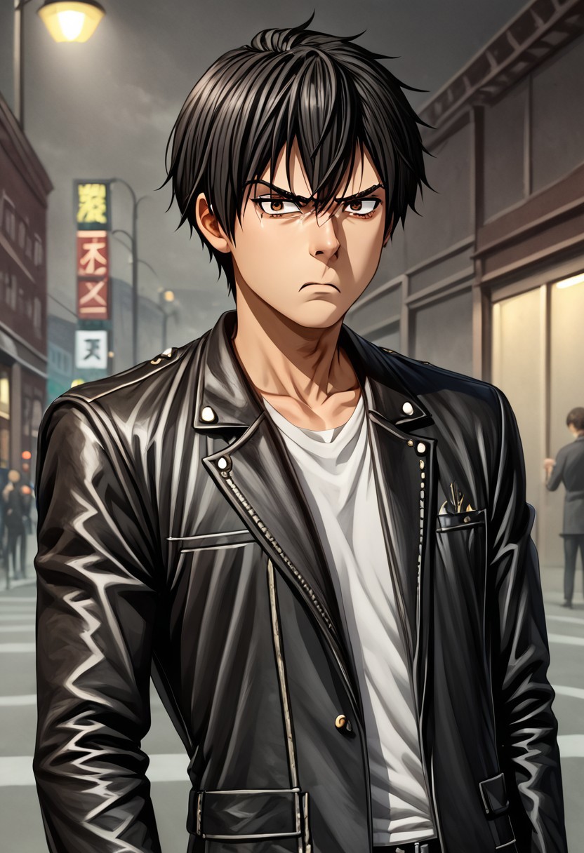 high resolution, solo, best quality, 1Boy, Seiya Kanie, Black Hair, Short Hair, Thin, Brown Eyes, gangster, yakuza, leather jacket, annoyed,