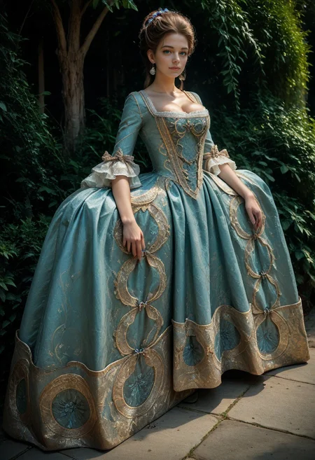 safe_pos, score_9, score_8_up, score_7_up, rating_safe, concept art, semi-realistic, 1girl, solo.
Young beautiful face, fit body, Blue eyes.
(Big breast:1.2), (Round breast:1.2).
(Long Dress:1.8).
PannierDress, Dress.
