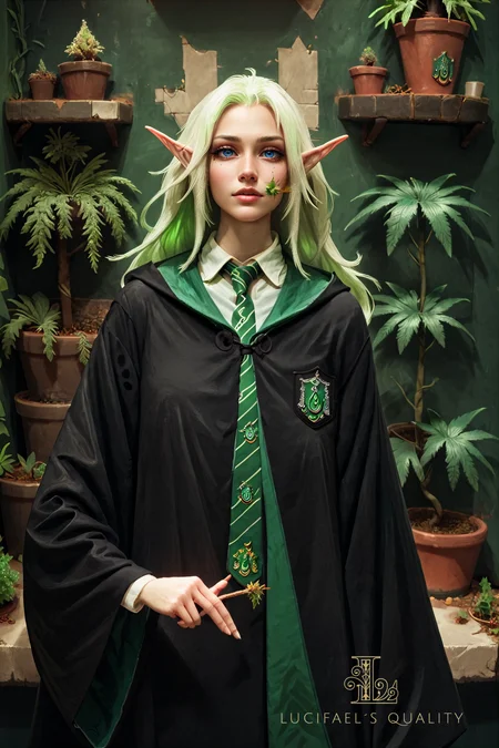 score_9, score_8_up, score_7_up, score_6_up,
1girl, solo, (elven), long pointed ears,
marijuana, plant, leaf, potted plant, 1girl, long hair,
black robe, hood down, wide sleeves, green necktie, diagonal-striped necktie, white shirt, collared shirt, badge
,concept art,realistic,perfect body,highly detailed,delicate and smooth skin, body in motion,<lora:sinfully_stylish_SDXL>,<lora:add-detail-xl:1>,<lora:xl_more_art-full_v1:0.7>,<lora:Concept Art DarkSide Style LoRA_Pony XL v6:1>,<lora:marijuana2XLP:0.6>,<lora:EPRobeSlytherinPDXL:1>,