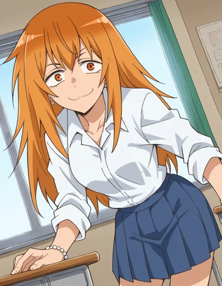 score_9, score_8_up, score_7_up, source_anime,
makigamou, <lora:maki-gamou-s1s2-ponyxl-lora-nochekaiser:1>,
maki gamou, long hair, orange hair, orange eyes, sanpaku,
skirt, shirt, jewelry, school uniform, white shirt, pleated skirt, earrings, blue skirt,
indoors, classroom, bent over, smile,
looking at viewer, cowboy shot, solo, dutch angle,