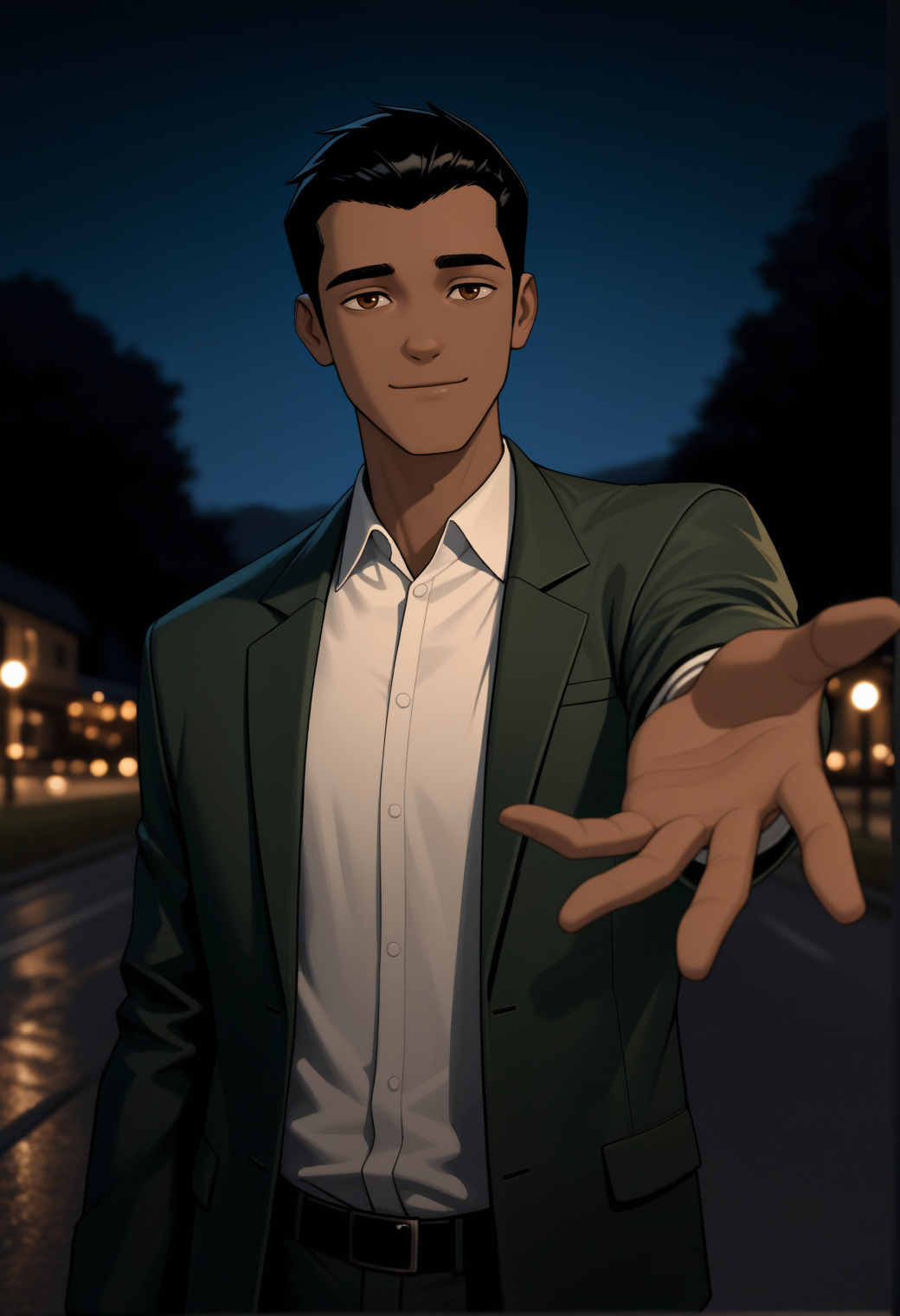 masterpiece,best quality,
1boy,male focus,
<lora:rex_salazar_NAI_EPS_1_0_CAME_v1_rev6:1>,
r3x5GR,black hair,brown eyes,dark skin,
white collared shirt,green jacket,suit jacket,long sleeves,open jacket,
facing viewer,reaching towards viewer,light smile,
night,outdoors,dark,
depth of field,atmospheric perspectiveâââ,âââ
