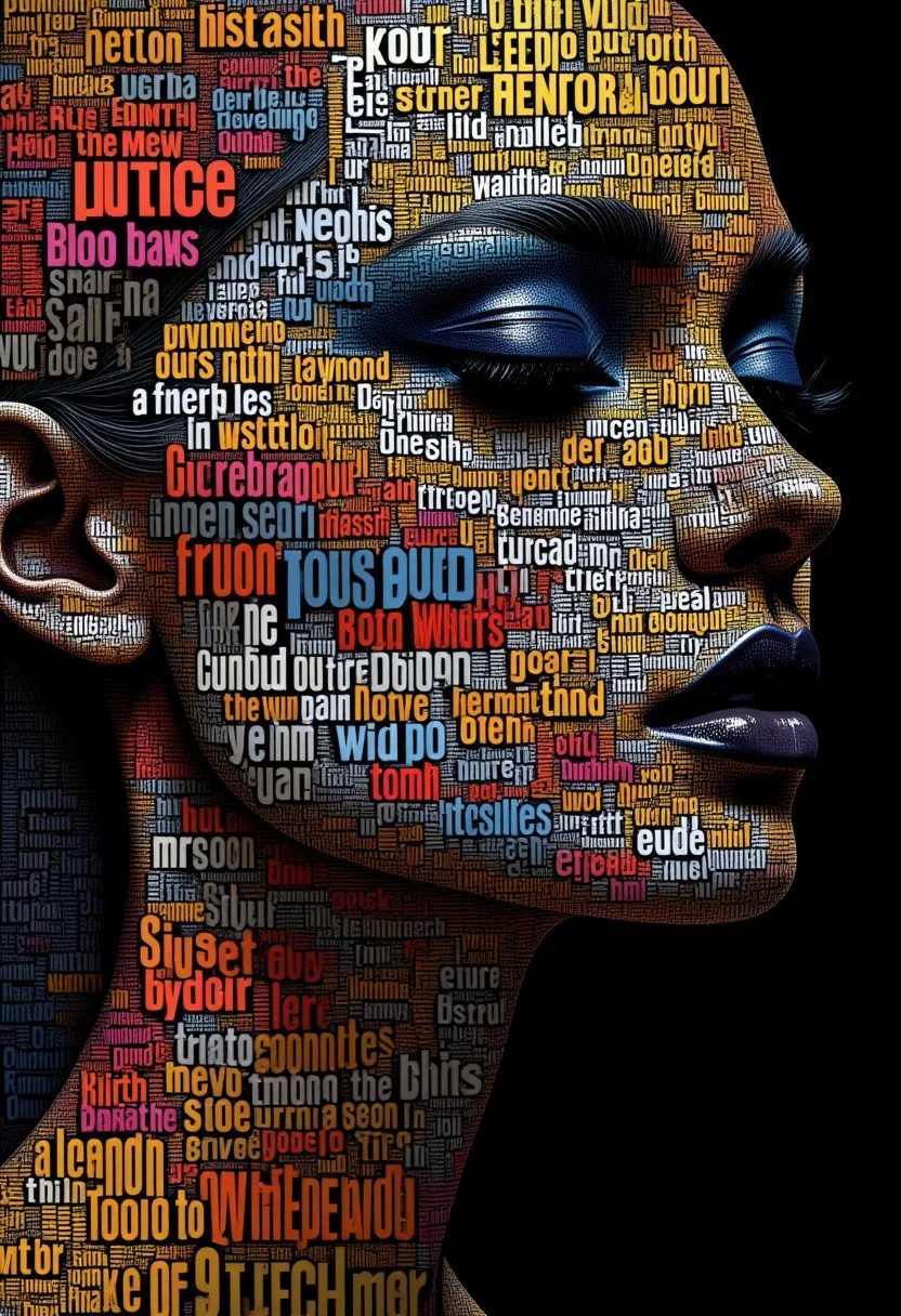 in the style of ck-ncr,,A mesmerizing portrait, ( portrait made by letters)The style is hyper artistic, with a focus on Letters contouring into a face, contrast, and the interplay of light and shadow.