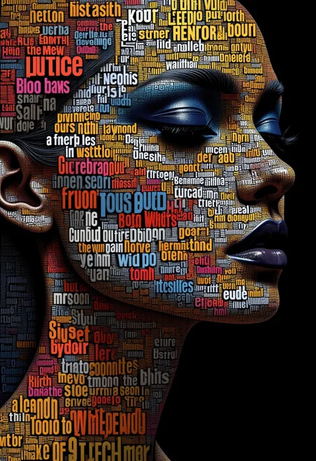 in the style of ck-ncr,,A mesmerizing portrait, ( portrait made by letters)The style is hyper artistic, with a focus on Letters contouring into a face, contrast, and the interplay of light and shadow.