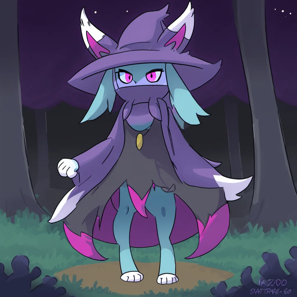 Katress,blue fur, purple clothing, black clothing, purple hat, witch hat, purple eyes, long sleeves,
standing, feet, paws, solo, forest, night,
digital drawing,
<lora:Katress_basesdxl:1>