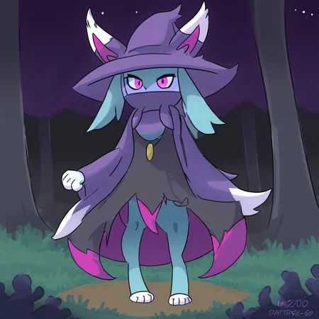 Katress,blue fur, purple clothing, black clothing, purple hat, witch hat, purple eyes, long sleeves,
standing, feet, paws, solo, forest, night, 
digital drawing,
<lora:Katress_basesdxl:1>