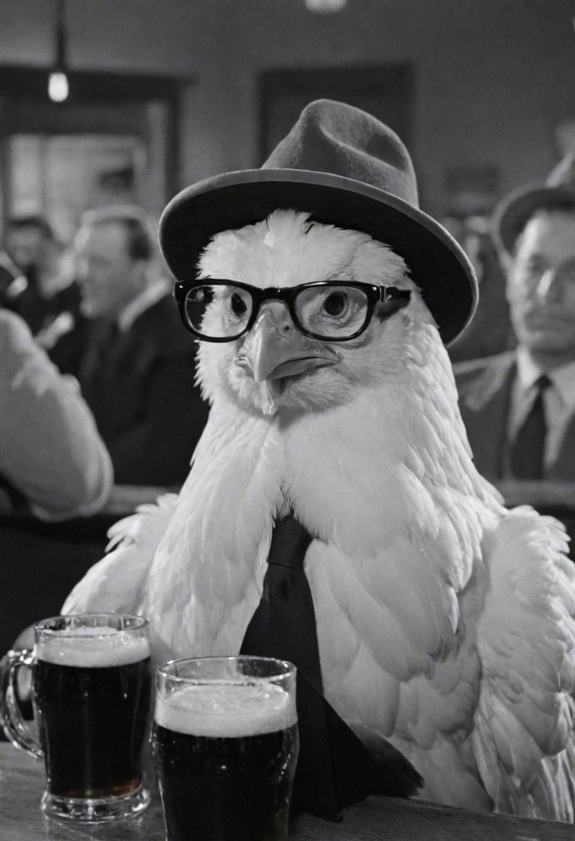 1950s detective film, a chicken with hat and using glasses at the bar with a big mug of beer. Captured on a 35mm camera, black and white, classic film noir film.
