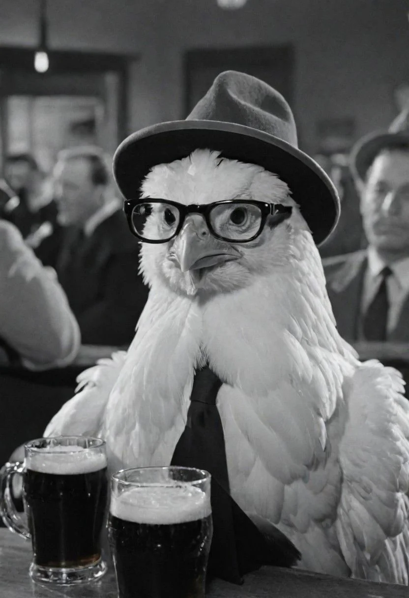 1950s detective film, a chicken with hat and using glasses at the bar with a big mug of beer. Captured on a 35mm camera, black and white, classic film noir film.