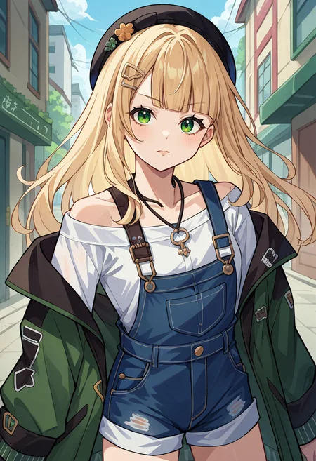 score_9, score_8_up, source_anime, 1girl, solo, RocoCas, green eyes, blonde hair, long hair, blunt bangs, hair ornament, black beret, necklace, overalls, white shirt, single bare shoulder, two-tone jacket, green jacket, black jacket, denim shorts,, <lora:ChamRocoKaburakiPonyXL:1>