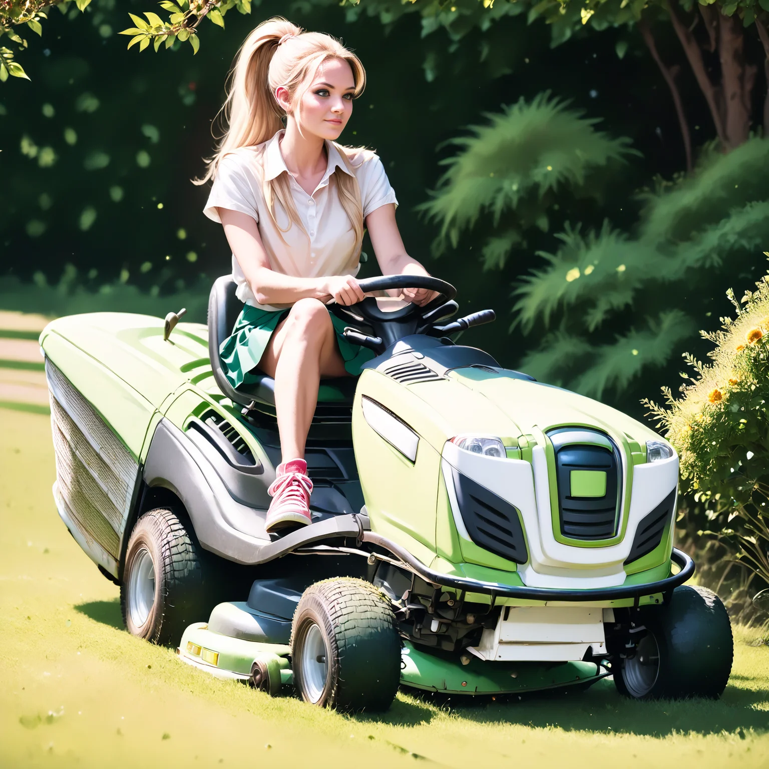 score_9, score_8_up, score_7_up, rilamo (side view) , (slim 25yo female) riding a lawn mower. green short skirt, white blouse, sneakers , long blonde ponytail  <lora:RideLawnMowerPony:1>