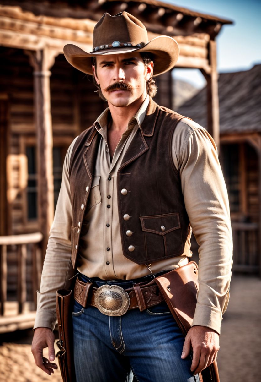 wild west RAW photo, (a handsome and masculine man wearing an old western outfit, ghost town background), vibrant, stunningly beautiful, crisp, detailed, high contrast, cinematic, ultra detailed, intricate, professional, (high quality:1.4), (intricate, high detail:1.2), professional photography, HDR, High Dynamic Range, realistic, ultra realistic, photorealistic, high resolution, film photography, ambient lighting, UHD, bulky armor, epic mustache, grey eyes, long brown hair, cowboy hat, western sheriff, belt buckle, jeans, cowboy shot,