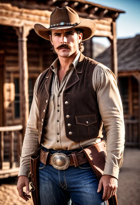 wild west RAW photo, (a handsome and masculine man wearing an old western outfit, ghost town background), vibrant, stunningly beautiful, crisp, detailed, high contrast, cinematic, ultra detailed, intricate, professional, (high quality:1.4), (intricate, high detail:1.2), professional photography, HDR, High Dynamic Range, realistic, ultra realistic, photorealistic, high resolution, film photography, ambient lighting, UHD, bulky armor, epic mustache, grey eyes, long brown hair, cowboy hat, western sheriff, belt buckle, jeans, cowboy shot,