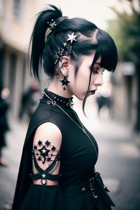 medium shot, Goth_punk, 1girl, solo, walking in citadel, profile, blurry, blurry background, jewelry, black hair, star (symbol), piercing, ponytail, earrings, from side, hair ornament, ear piercing, lips, black eyes, headgear, closed mouth <lora:Gothpunk:0.6>