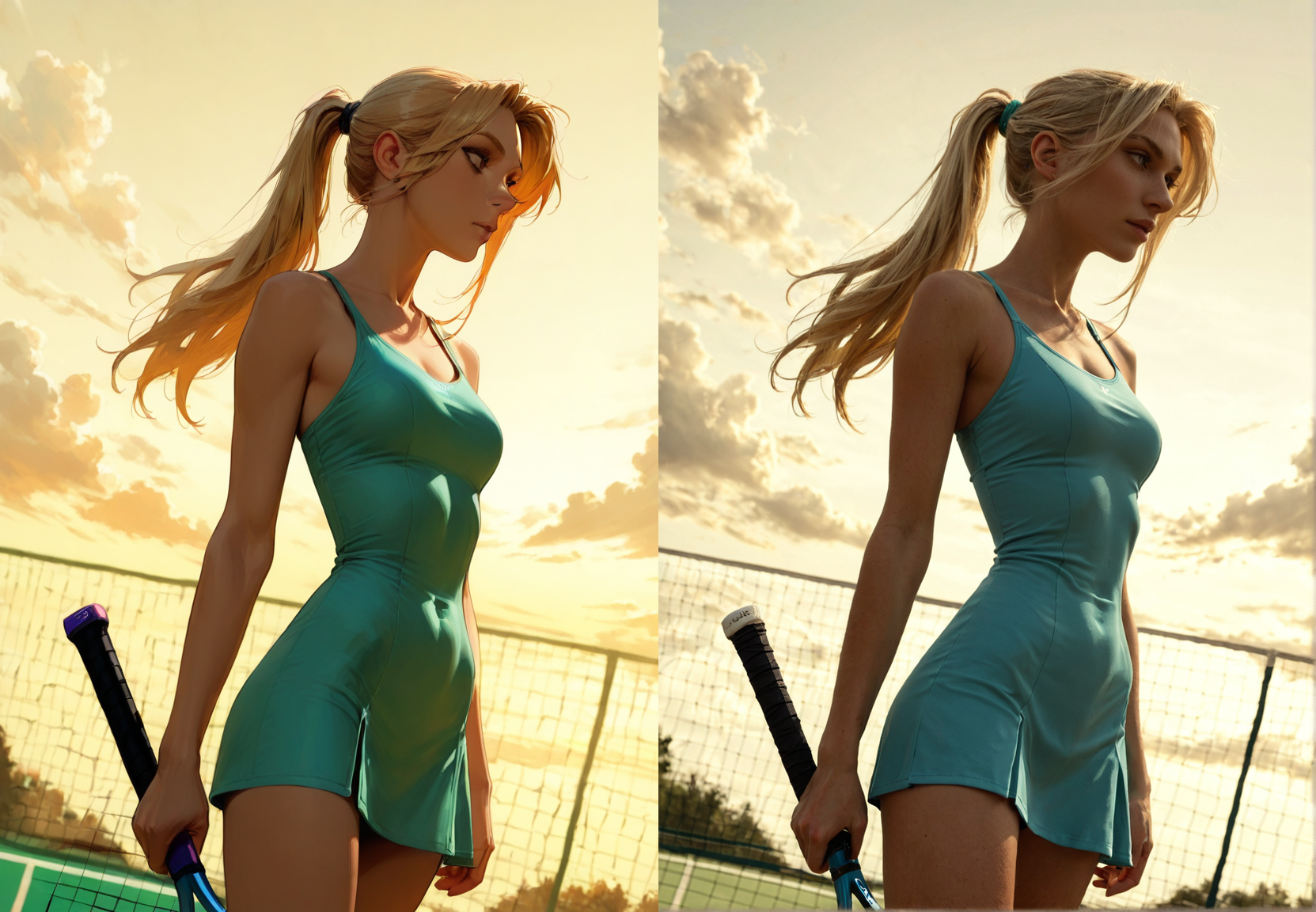 score_9, score_8_up, score_7_up,
realistic photo, shot on Canon EOS 5D, <lora:pony6/Pony Realism Slider:0.5>, rating_safe,
1girl, aqua tennis_dress, skinny, long hair, ponytail, blonde hair,
tennis_racket,
cowboy_shot, dynamic angle,
golden sky, clouds,