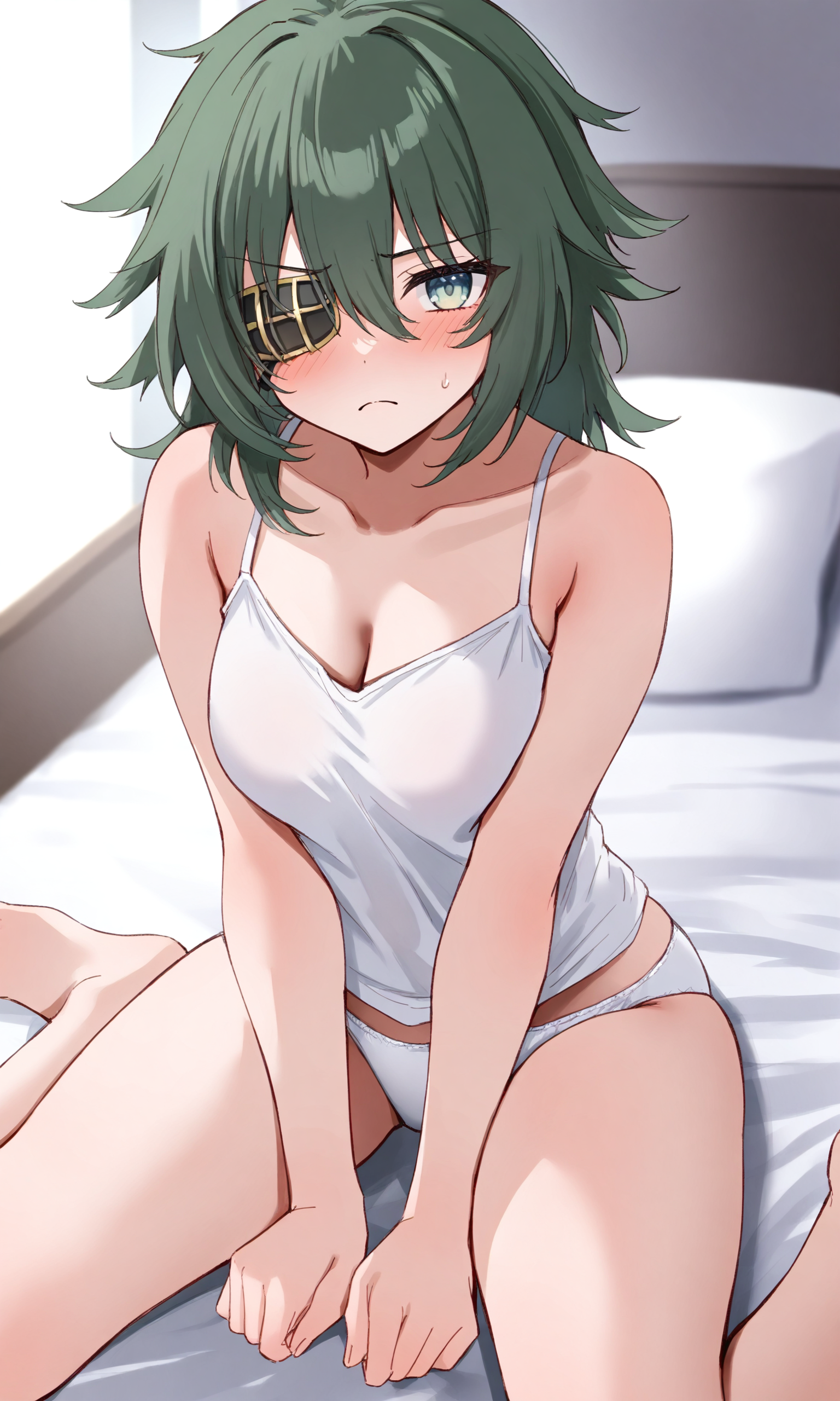 masterpiece, best quality, high resolution, absurdres, 1girl, kaikiso, green_eyes, green_hair, medium_hair, medium_breasts, eyepatch, white_camisole, white_panties, wariza, looking_at_viewer, blush, frown, on_bed, indoors, thighs, from_side