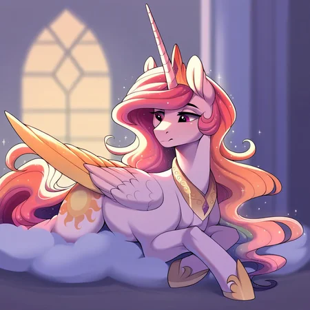 <lora:Evehly_Style_v2_PonyXL:0.75>, evehly, by evehly,  score_9, score_8_up, score_7_up, score_6_up, score_5_up, score_4_up, source_furry, source_pony, source_cartoon, rating_safe, feral, quadrupedal, princess celestia, feral, alicorn, feathered wings, wings, detailed background, in castle of the royal pony sisters, lying on a cloud