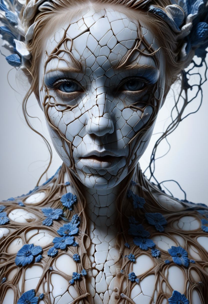Close-up porcelain face, mysterious silhouette of a porcelain woman in worn down porcelain clothing, white and blue porcelain, alluring goddess, by Minjae Lee, Carne Griffiths, Emily Kell, Steve McCurry, Geoffroy Thoorens, Aaron Horkey, Jordan Grimmer, Greg Rutkowski, amazing depth, double exposure, surreal, geometric patterns, intricately detailed, bokeh,  perfect balanced, deep fine borders, artistic photorealism , smooth,  great masterwork by Suiras  <lora:add-detail-xl:2>  <lora:Double_Exposure:0.5>