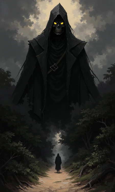Full shot of a figure shrouded in a dark cloak, appearing menacing and mysterious.
The figure, which dominates the upper portion of the image, wears a full, dark hooded cloak that obscures most of their form. Glowing, bright yellow eyes are visible beneath the hood, contrasting starkly with the dark surrounding areas. The facial features, though indistinct in the darkness, suggest a stern and potentially malevolent expression. The figure is centered in the frame.
The background surrounding the hooded figure is a dark gray and black, creating a dramatic atmosphere. Cloudy and stormy looking skies are depicted around the figure, darkening the already dark surroundings.
In the lower portion of the image, a narrow dirt path extends from the figure towards the bottom, suggesting movement or a passage. A dark silhouette of a person walking along this path is discernible. This lower section is also darker and filled with shadows that fade from the mid-ground toward the background. The path is somewhat illuminated, drawing the viewer's eye down toward the figure on the ground. The general color palette is monochromatic, with dark gray, black, and slight highlights of the glowing eyes creating a dramatic contrast and enhancing the menacing feel. Dense foliage borders the path on either side.
<lora:FLUX-daubrez-DB4RZ-v2:1> DB4RZ, DB4RZ style painting
