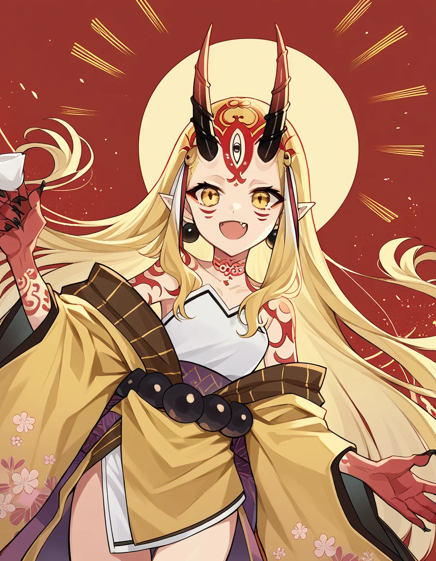 score_9, score_8_up, score_7_up, source_anime, <lora:fgo-ibaraki-douji-ponyxl-lora-nochekaiser:1>, ibaraki douji, blonde hair, facial mark, fang, forehead, horns, long hair, oni, oni horns, pointy ears, yellow eyes,, earrings, japanese clothes, jewelry, kimono, leg tattoo, neck tattoo, oni, oni horns, shoulder tattoo, tattoo, yellow kimono,, restaurant, laughter, good food, warm lighting, celebration, smile, , arm wrapped around someone, solo,, cowboy shot, dutch angle