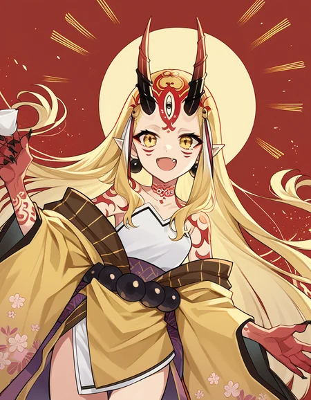 score_9, score_8_up, score_7_up, source_anime, <lora:fgo-ibaraki-douji-ponyxl-lora-nochekaiser:1>, ibaraki douji, blonde hair, facial mark, fang, forehead, horns, long hair, oni, oni horns, pointy ears, yellow eyes,, earrings, japanese clothes, jewelry, kimono, leg tattoo, neck tattoo, oni, oni horns, shoulder tattoo, tattoo, yellow kimono,, restaurant, laughter, good food, warm lighting, celebration, smile, , arm wrapped around someone, solo,, cowboy shot, dutch angle