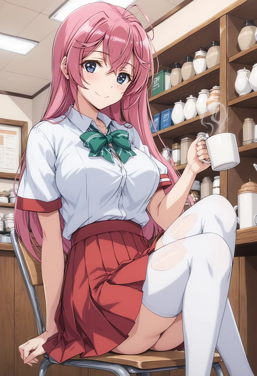 <lora:offset_0.2:0.6>, <lora:xl_more_art-full_v1:0.6>, <lora:add-detail-xl:0.7>,<lora:Smooth Anime 2 Style SDXL_LoRA_Pony Diffusion V6 XL:0.6>, <lora:sdxl_lightning_8step_lora:1>,<lora:sdxl-hairdetailer_02:0.6>
score_9, score_8_up, score_7_up, BREAK source_anime,best quality, masterpiece,anime screencap,source_anime,(ai-generated:0.8),
best quality, very aesthetic,absurdres,
otmn,<lora:Pony_otmn_v1_XL-000015:0.85>
1girl,solo,
pink hair,
large breasts,
smile,happy,v,
wearing red lined school uniform and red pleated skirt and green bow and white thighhighs,
coffee mug, spoken heart,
sitting on chair,
in coffee shop,