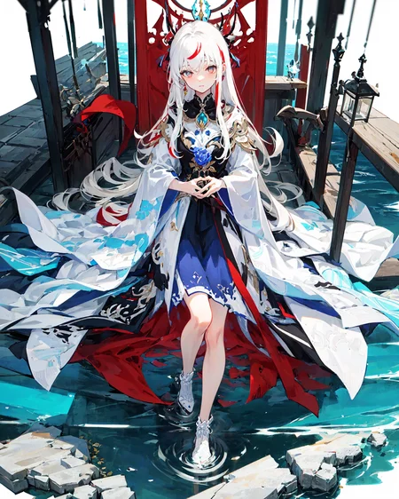 ((masterpiece)), ((high detail)), 1girl, ((ultra-detailed)),((delicate face)), Beautiful detailed eyes, (White blonde hair in gradations with red highlights,gradient hair),long hair, floating hair, ,hairs between eyes, GSHead,1girl ,solo,red eyes,genshin_impact,look at the viewer, ((full_body,distant view)), ((white background)), (Tarot cards border, outside border), Highly reflective mirror-like water underfoot,Step on the lake,,Wide Angle shot, strong light and shadow, cinematographic lens , <lora:gsr:0.7>, <lora:tam:1>
