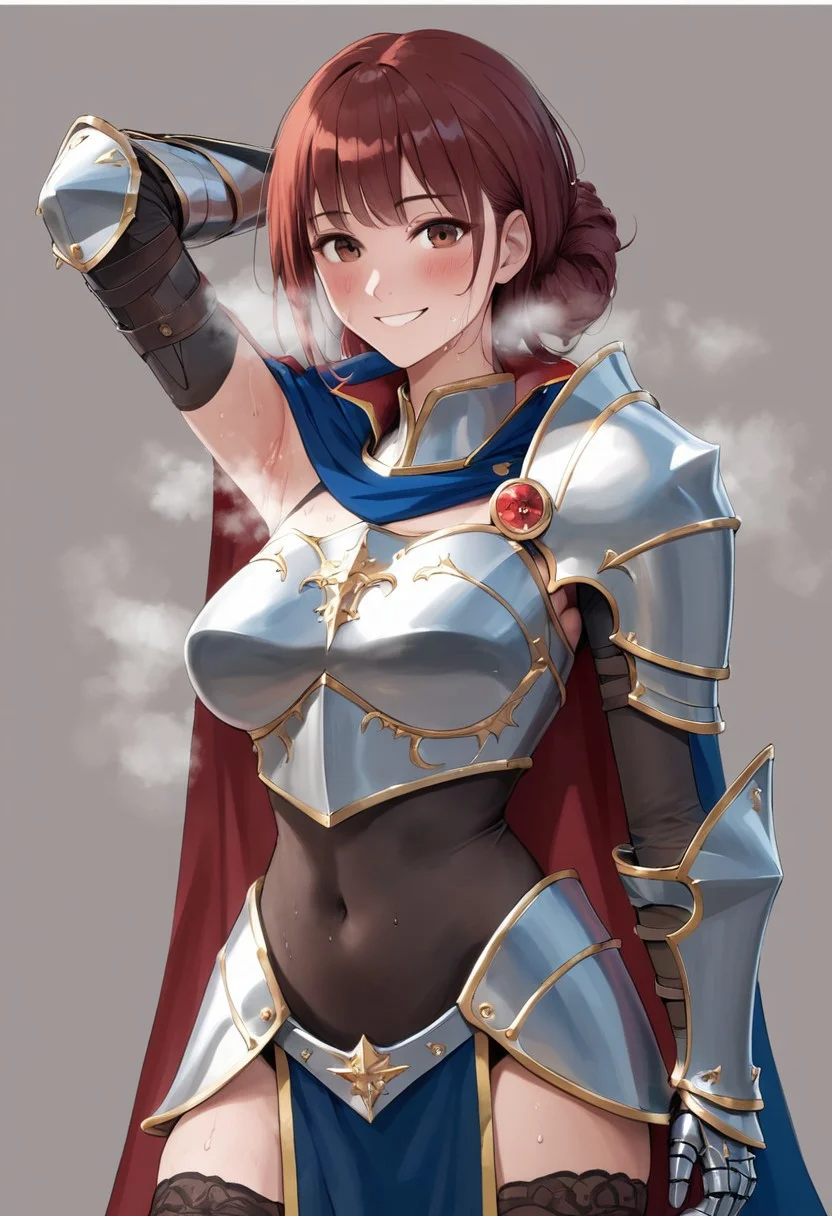 {{masterpiece}},{{{{best quality}}}}, ultra-detailed, {{best illumination}}, {{best shadow}}, an extremely delicate and beautiful, {{shine}}, {{illustration}},{{sketch}},colorful,{{Pretty girl}},
1girl, arm_up, rating:safe, masterpiece, best quality, Hyper detailed, High detail, Exquisite detail, atmospheric photo, realisti, armor, armpit_hair3, armpts, bangs, black_cape, blue_cape, blush, breastplate, breasts, breath, brown_eyes, cape, covered_navel, gauntlets, gloves, greaves, heavy_breathing, long_hair, looking_at_viewer, presenting_armpit, red_cape, red_hair, smell, smile, solo, standing, steam, steaming_body, sweat, thighhighs, white_cape
