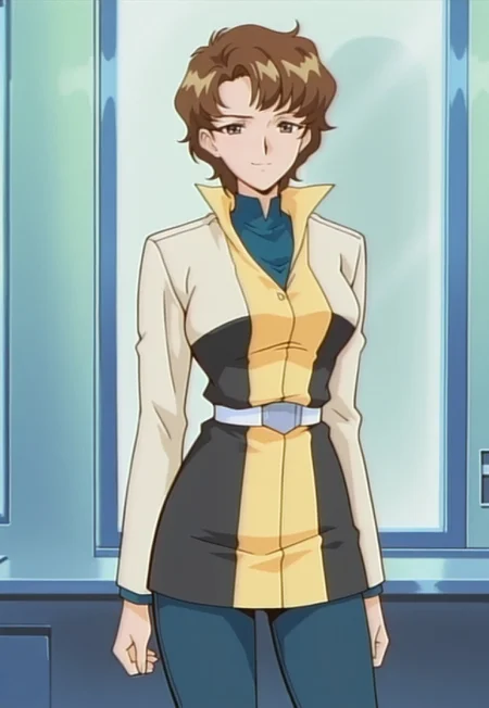 masterpiece, best quality, anime, cowboy shot, half smile, 1girl, solo, injuusara, brown hair, short hair, turtleneck, jacket, belt, pants,,