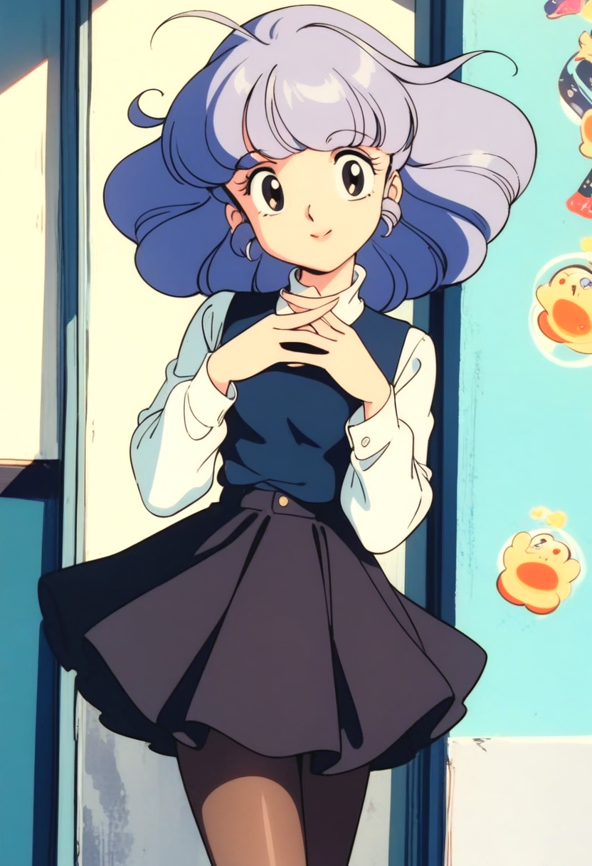 masterpiece, best quality, very aesthetic, absurdres,1990s \(style\),retro artstyle,1girl, solo,pantyhose,skirt,looking at viewer, smile,  <lora:creamymami_xl_v2:0.7>