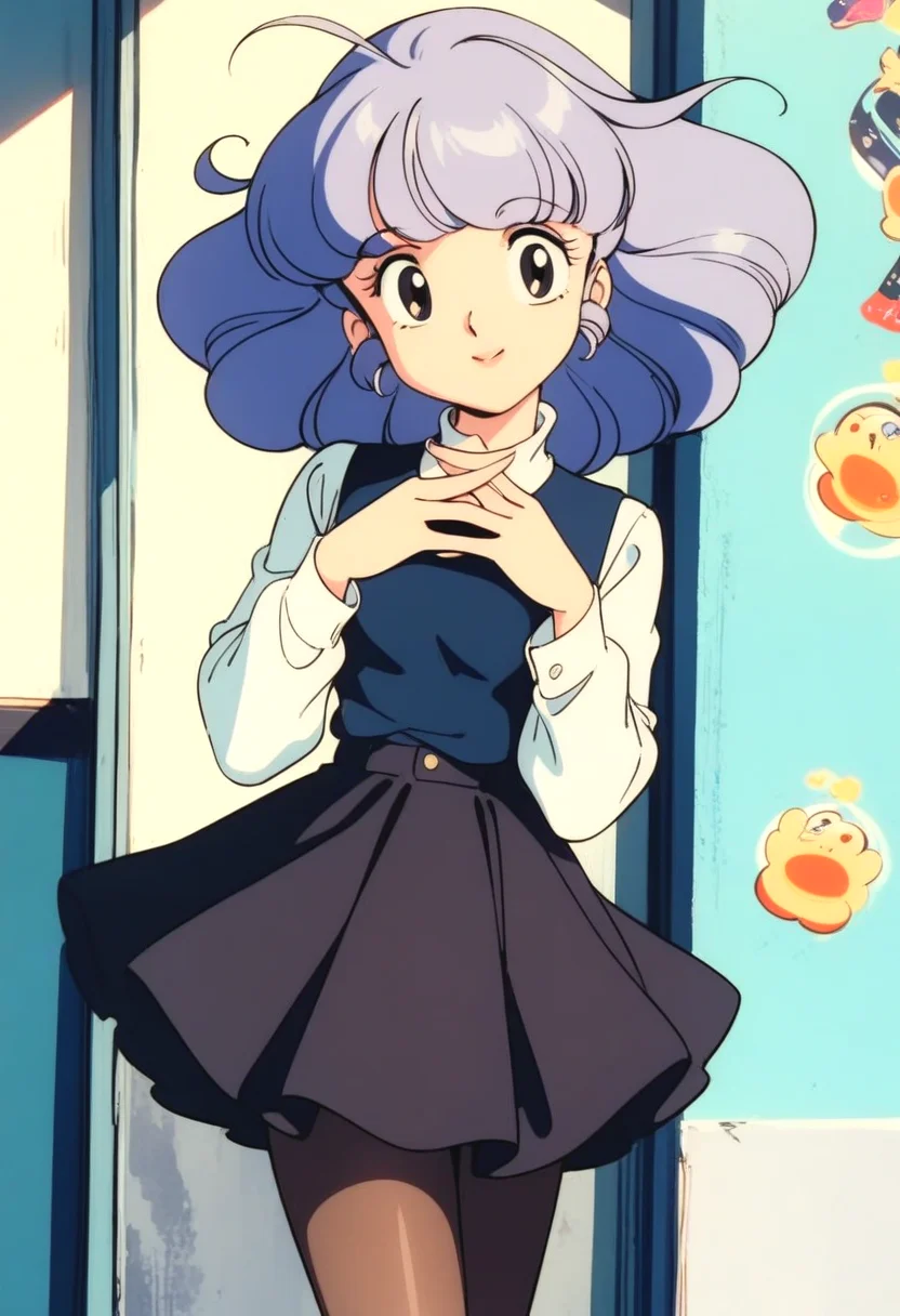 masterpiece, best quality, very aesthetic, absurdres,1990s \(style\),retro artstyle,1girl, solo,pantyhose,skirt,looking at viewer, smile, <lora:creamymami_xl_v2:0.7>