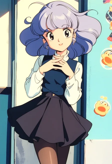 masterpiece, best quality, very aesthetic, absurdres,1990s \(style\),retro artstyle,1girl, solo,pantyhose,skirt,looking at viewer, smile, <lora:creamymami_xl_v2:0.7>