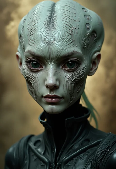 Hyper-realistic extreme close-up digital portrait of an alien-like humanoid with reptilian features. The elongated bald head has smooth, pale gray skin and no visible ears. Intricate bioluminescent circuit-like patterns and glowing white tribal tattoos are etched across the scalp, face, and neck, following a symmetrical design. The small, dark, almond-shaped eyes convey ancient wisdom, featuring visible moisture and reflection. A subtle, knowing smile reveals a hint of sharp teeth. The creature wears a high-collared, form-fitting black garment, possibly leather, with angular lines and mysterious symbols. The background is filled with swirling, ethereal fog in muted golden-brown and beige tones, creating depth and an otherworldly atmosphere. The color palette includes cool grays and whites with hints of pale green in the markings. Dramatic chiaroscuro lighting emphasizes facial contours, casting gentle shadows and enhancing the three-dimensional effect. The skin texture features impeccable detail, with fine pores and a slight sheen suggesting non-human biology. The photorealistic rendering has a cinematic quality, as if captured on a high-end digital camera, with sharp focus on facial features and a slight depth of field blur towards the edges. The subject is slightly off-center, gazing directly at the viewer, evoking an eerie, mysterious, and subtly threatening mood.