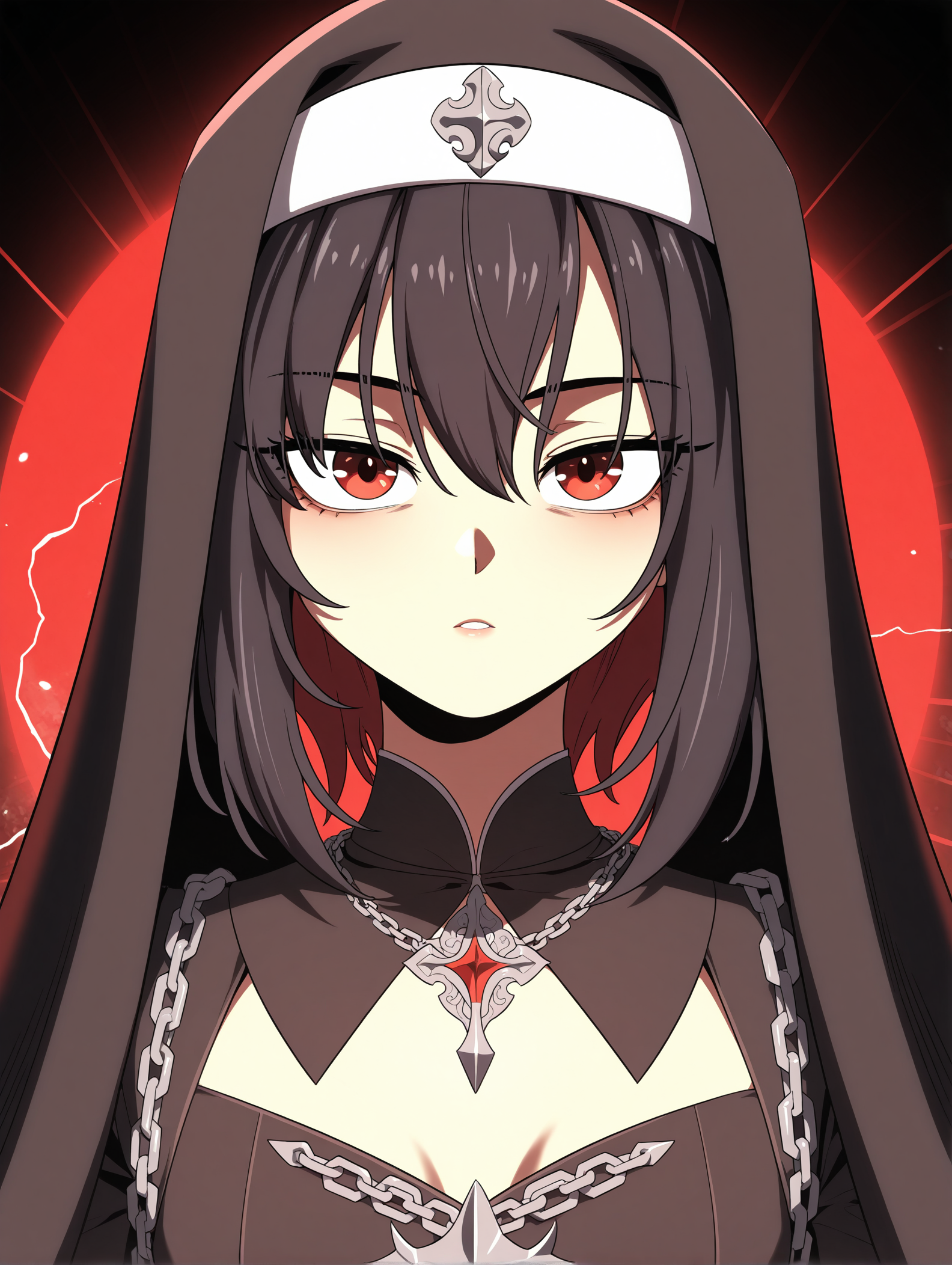 best quality,amazing quality,<lora:Hua Ran:1>,hua ran,red eyes,black hair,black veil,num,necklace,
