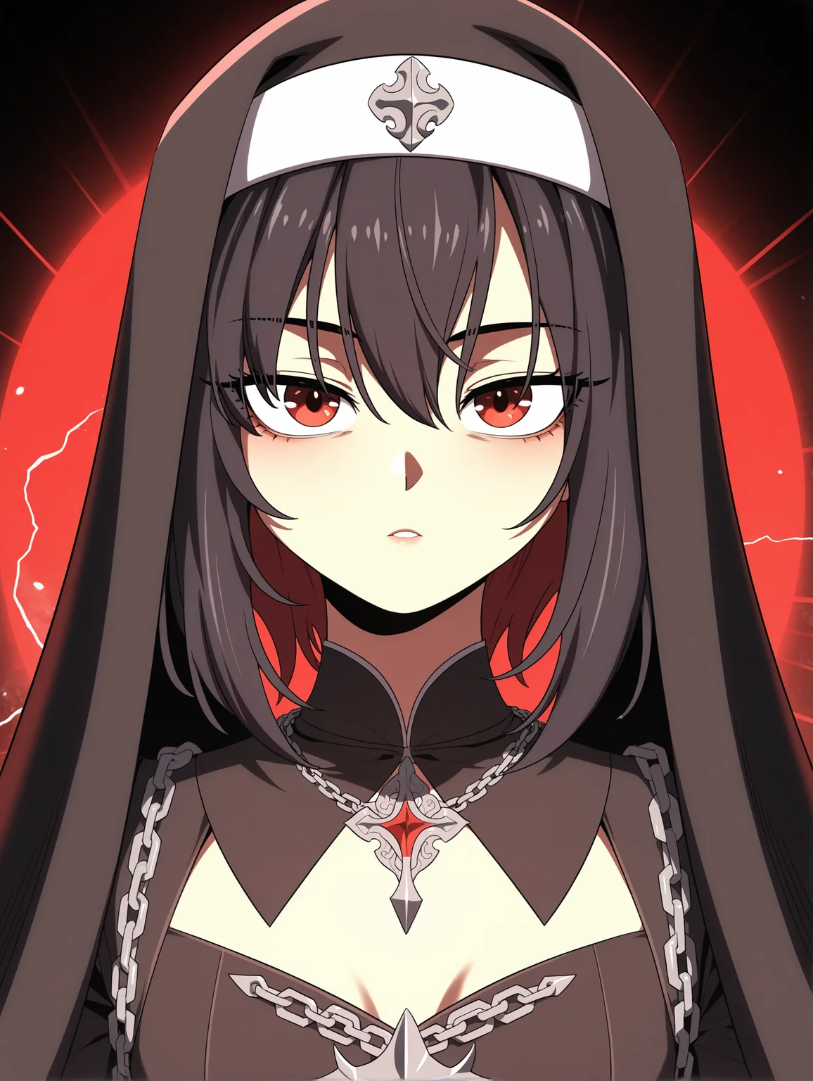 best quality,amazing quality,<lora:Hua Ran:1>,hua ran,red eyes,black hair,black veil,num,necklace,
