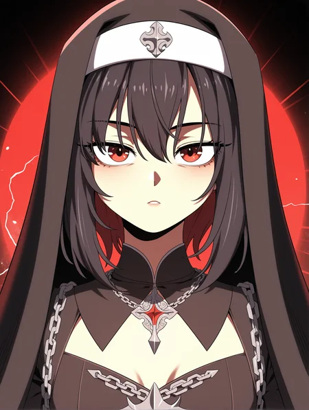 best quality,amazing quality,<lora:Hua Ran:1>,hua ran,red eyes,black hair,black veil,num,necklace,