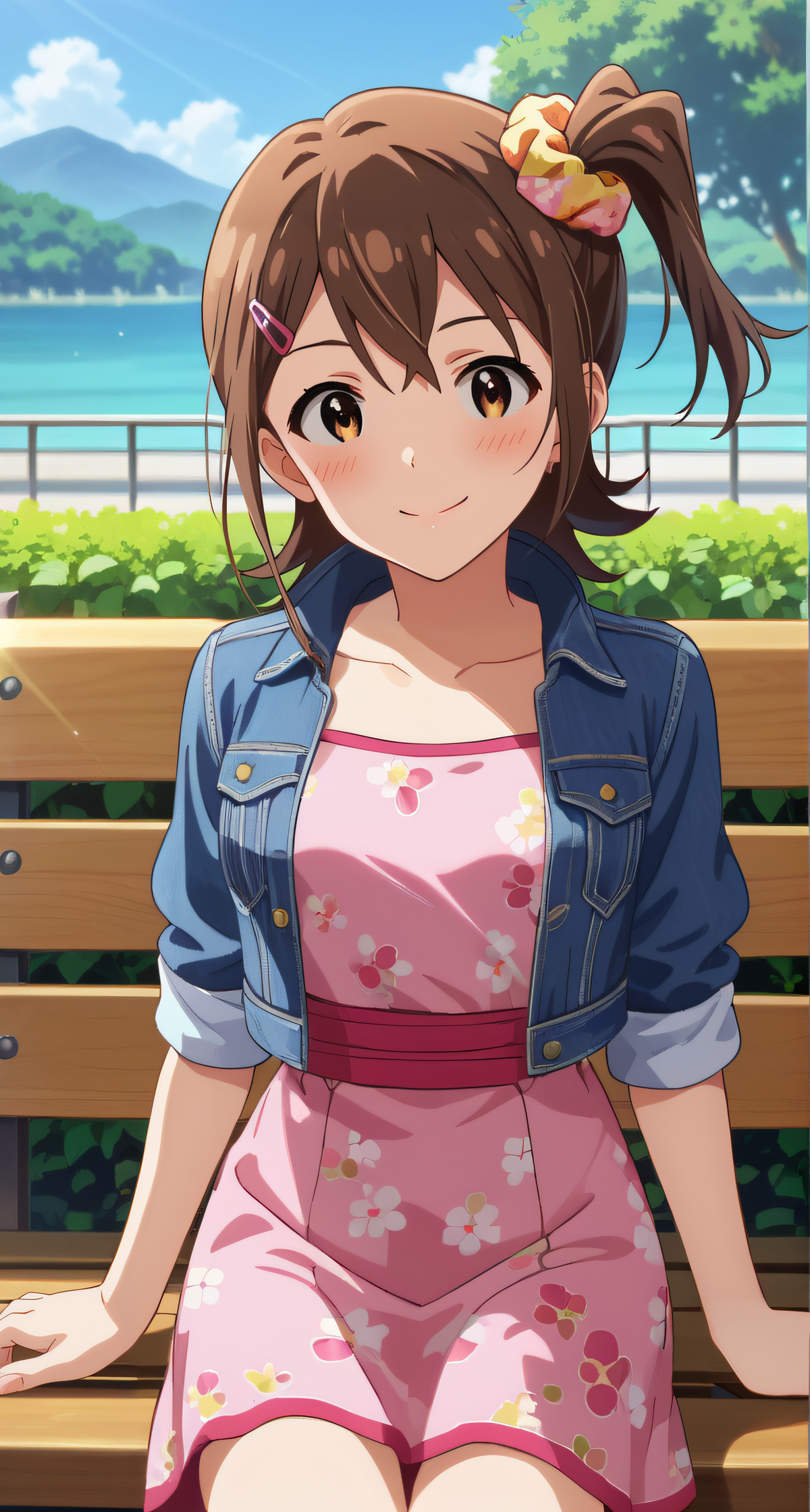 score_9, score_8_up, score_7_up, source_anime, rating_safe, intricate details, anime screencap, official style, anime coloring, 1girl, solo, <lora:Kasuga_Mirai:1>, kasugamirai, brown eyes, brown hair, yellow scrunchie, pink dress, blue denim jacket, floral print dress, pink skirt, red_waist_ribbon, rolled up sleeves, thighs, looking at viewer, smile, cowboy shot, sitting on bench, outdoor, blush, five fingers