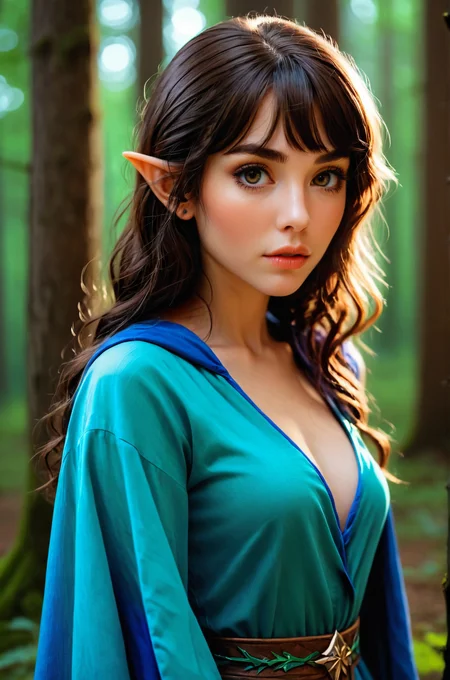 breathtaking female elf mage at night in the forest, atmospheric, cinematic, high detail, masterpiece   <lora:Zoe_SDXL_1:0.75> z03c  award-winning, professional, highly detailed
