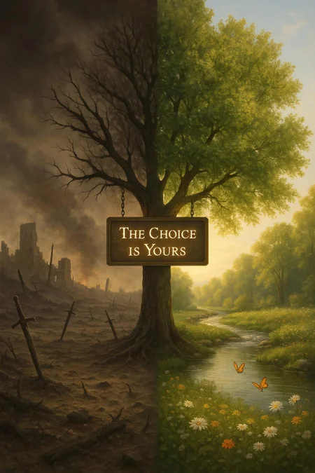 A stunning high-definition split landscape showing two contrasting worlds. On the left side: a desolate battlefield with scorched earth, collapsed structures, shattered swords buried in dust, and an ash-filled sky. On the right side: a serene paradise of nature — flowing rivers, blooming meadows, golden sunlight filtering through trees, and butterflies above peaceful water. In the center, rising above both scenes, is a radiant olive tree with one side charred and the other full of green leaves. Hanging from its branches is a glowing sign that reads softly: “The Choice is Yours.” No humans, no political symbols — only nature and visual metaphor delivering a universal message of peace over destruction.