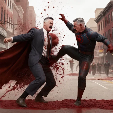 concept art of <lora:J. Jonah Jameson:1>
J. Jonah Jameson a man with a mustache attacking a man in a blood - soaked scene, digital artwork, illustrative, painterly, matte painting, highly detailed