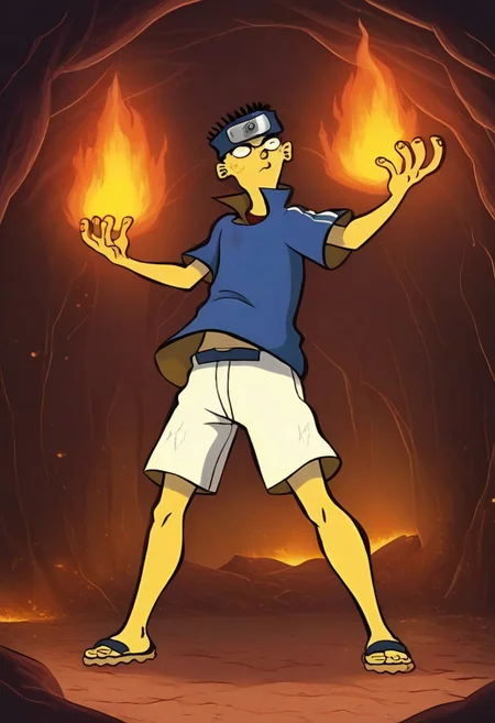 Masterpiece, best quality, 8k, newest, absurdres, highly detailed, 1boy, solo, edboi, forehead protector, blue shirt, white shorts, sandals
BREAK
Cave, fire, dark