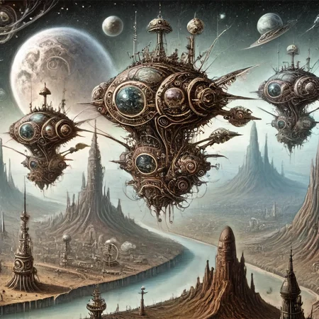 fantoria alien ships around the planet view from space <lora:fantoria:1>