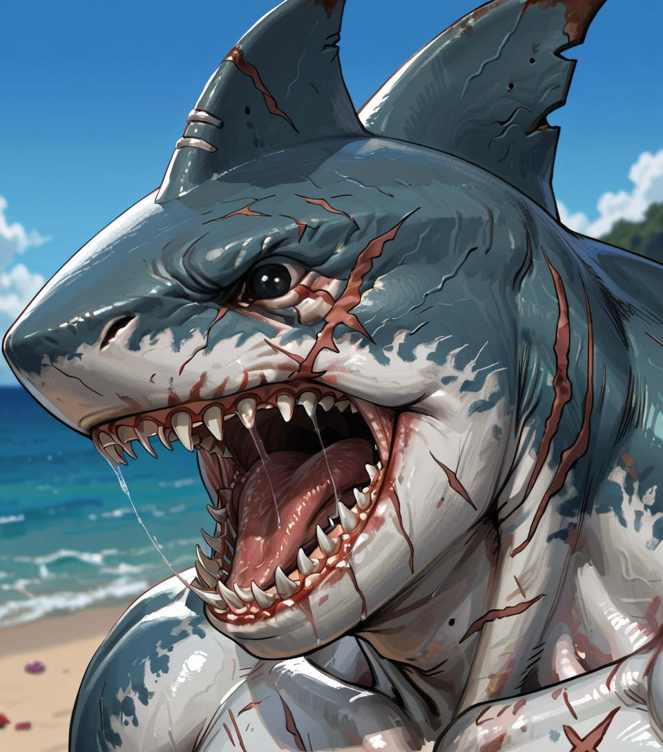 safe_pos, score_9_up,score_8_up,score_7_up,score_6_up,score_5_up,score_4_up, masterpiece, high quality, digital painting, source_monster,  zPDXL3, BREAK,
close up, portrait, beach background, blurry background, (three quarter view), roar, open mouth, saliva, drool, saliva strand, drooling, side view,
shark, (wereshark), monster, creature, anthro, sharp teeth, ((black eyes)), beady eyes, shark fins,  gills, muscular, ((scars)),
<lora:Shark for PonyXL:0.7>, <lora:AdvancedEnhancerXLv2:2>