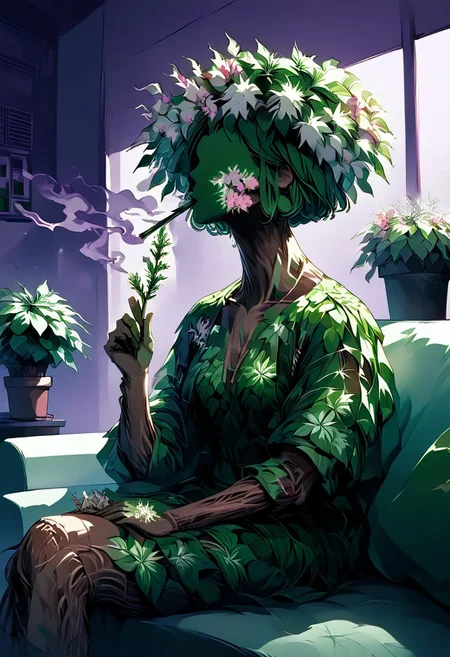 score_9, score_8_up, score_7_up, score_6_up, flower humanoid, leaf marijuana sprouting from her body and face, marijuana leaf dress, 420, joint, purple theme, on a couch, relaxing, potted plant