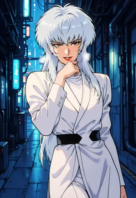 MerillYanagawaCCO, 1boy, solo, androgynous, albino, white hair, very long hair, thick hair, bangs, red eyes, eyelashes, nose, lips, red lipstick, makeup, white formal suit, white jacket, long sleeves, white turtleneck, black belt, white pants, white shoes, high heels, red nails, red stud earrings, ring,
,seductive pose, sexy pose, tease,
masterpiece, best quality, ultra-detailed, very aesthetic, detailed background, very aesthetic, newest, scenery, highres, 4k, absurdres, 8k, colorful,vibrant, glowing, perfect face, 2d, perfect eyes, detailed eyes,
masterpiece, best quality, ultra-detailed, very aesthetic, newest, scenery, absurdres, perfect anatomy, , perfect face, perfect eyes, mature body, clear eyes, beautiful eyes, athletic, curvy body, athletic. pinup pose, teasing, lustful expression,
, dutch angle,
naughty smile,
expressive cute face, male focus, looking at viewer, parted lips, heavy breathing, shiny skin, sweating, sweatdrop, wiping mouth, dynamic action, intricately detailed, depth of field, masterpiece, best quality, amazing quality, very aesthetic,
,detailed eyes,Smooth Negative, highres, absurdres, retro_artstyle, retro, cyberpunk