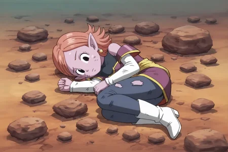 source_anime, score_9, score_8_up, score_7_up, anime screencap,8k, absurdres, chronoa, 1girl, solo, short hair, potara earrings, full body, lying, orange hair, pointy ears, blue pants, black eyes, colored skin, on side, purple skin, dirty, defeat, one eye half-closed, tired, yellow sash, white sleeves, sleeveless turtleneck leotard, purple tunic, rock, off shoulder, kai tunic, hand on floor, eyelashes, blue leotard, high heel boots, dirty face, white footwear, official style, torn clothes,
 <lora:chronoa_pony_v2:0.8>