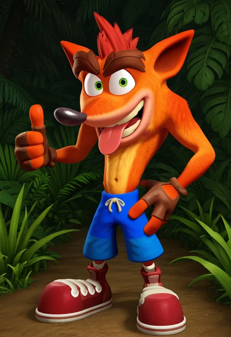 Male focus, standing, looking at viewer, thumbs up, hand on hip, open mouth, tongue out, jungle, grass, dirt,
crash bandicoot, 1boy, solo, furry, furry male, body fur, green eyes, red hair, thick eyebrows, animal ears, animal nose, teeth, tongue, topless male, shoes, fingerless gloves, blue shorts,