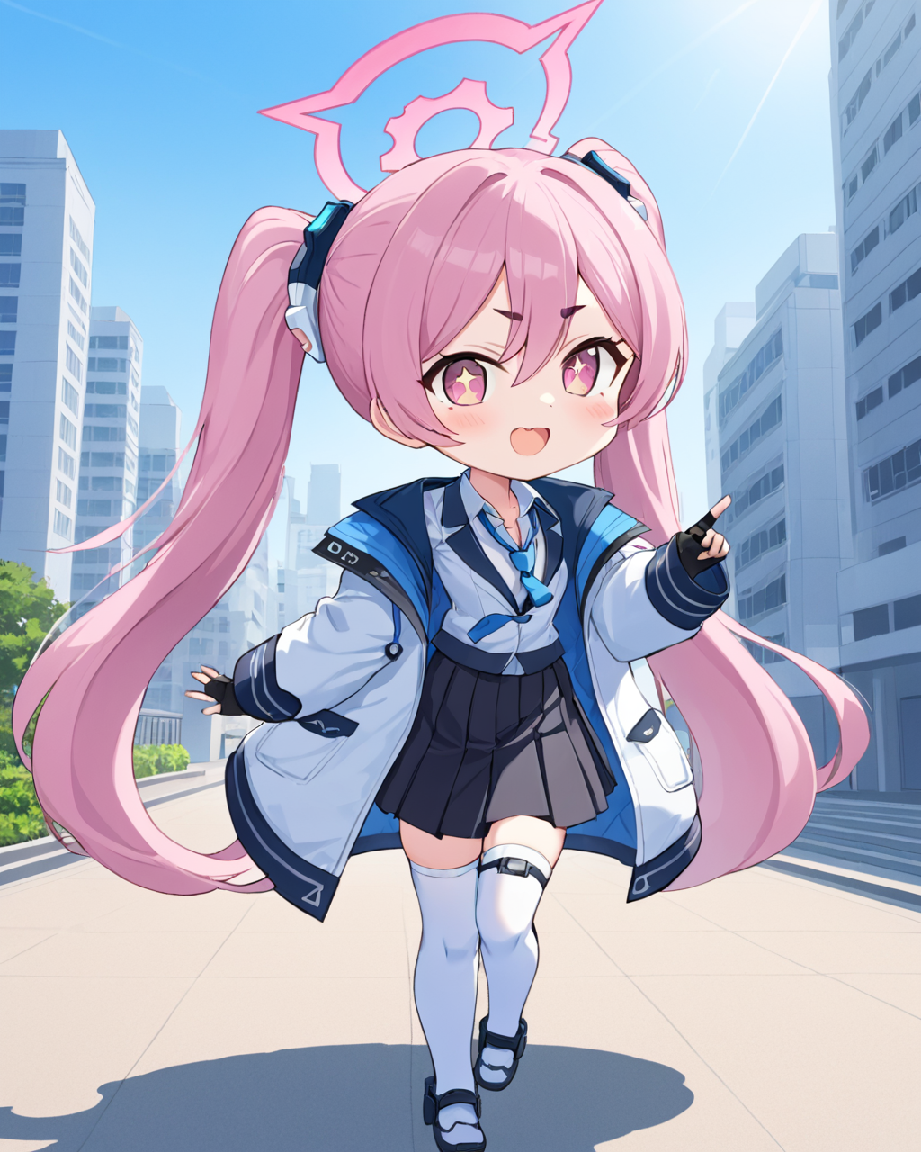 koyuki \(blue archive\),1girl, solo, halo, chibi, twintails, white_shirt, black_gloves, black_skirt, long_sleeves, fingerless_gloves, holding, pleated_skirt, open_mouth, outdoors, collared_shirt, skin_fang, :d, building, full_body, day, white_thighhighs, necktie, white_jacket, v-shaped_eyebrows
<lora:koyuki_(blue_archive)_image708_2023-11-28-000012:1>halo. gorgeous,key visual, vibrant, studio anime,award-winning, professional, highly detailed,high budget, cinemascope
