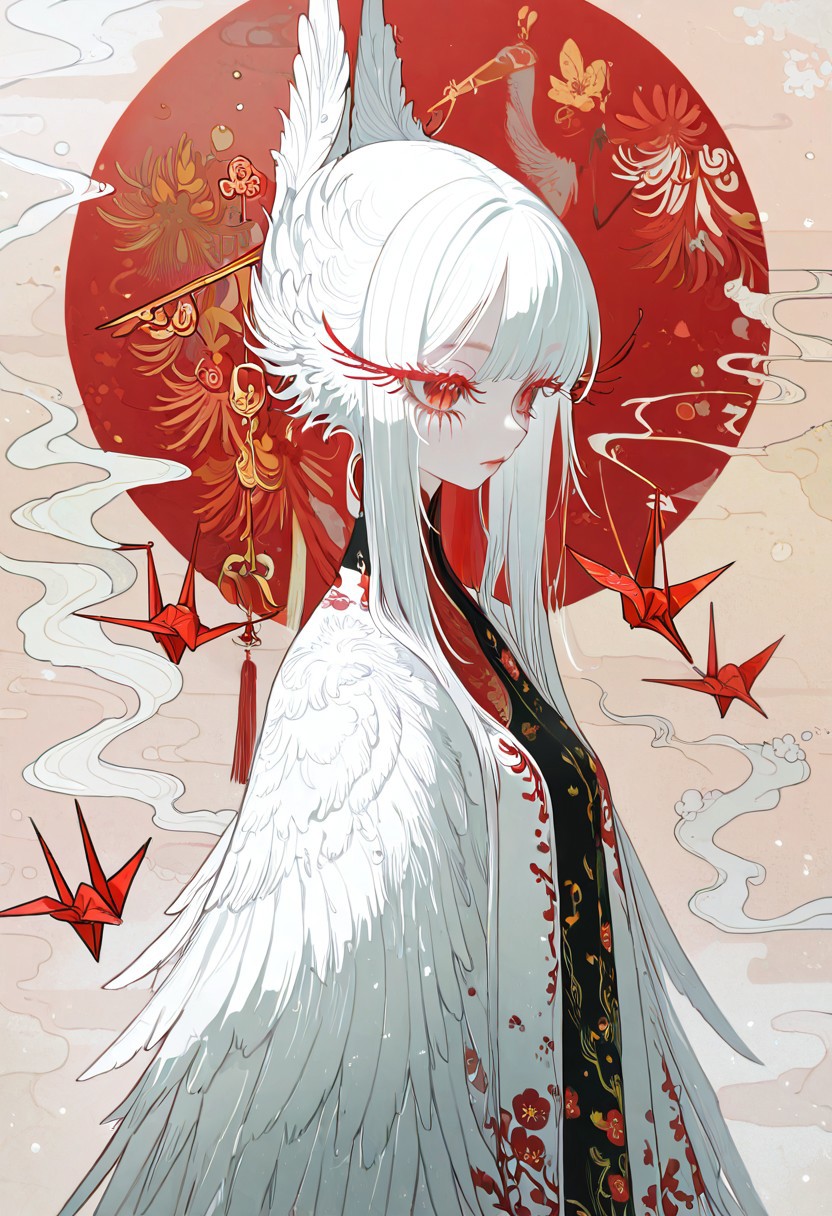 1 girl , solo , crane girl , wings , ((long eyelashes , feather eyelashes)) , white feather with red tip, red eyelashes , white hair , floating paper crane , feather hair , floral print ,
masterpiece, best quality, good quality, very awa, newest, highres, absurdres, l1nz40yu