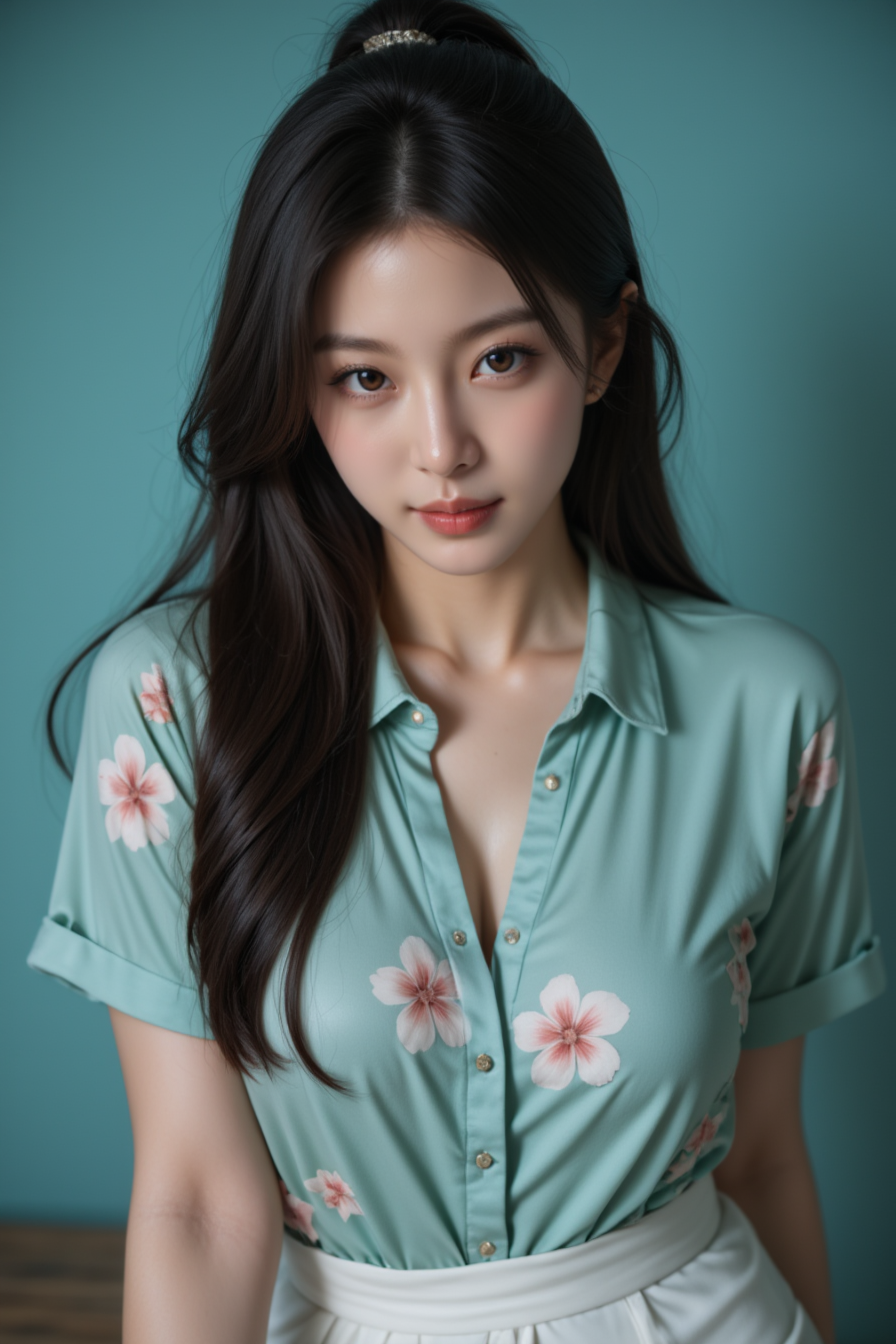 [6]<lora:JasmineFluxV102:1>, Jasmine, Realistic photograph, Movie light, film grain, a stunning real medium breasts Korean woman with long, flowing dark hair, her piercing gaze directly addressing the viewer. 4k, high quality, (best quality:1.1), realistic, photorealistic, close-up, upper body, (ultra HD quality details), High Fashion, A highly detailed, realistic digital photo of a Korean woman 28yo with a pale complexion, emphasizing her enigmatic and mystical aura, high resolution, rich textures, and contemplative mood. Her eyes are a deep piercing and  brown, dynamic angle, dramatic pose, haute couture, elegant, ornate clothing, dark straight hair with a few loose strands framing her face, against a cyan gradient background, her piercing gaze directly addressing the viewer. perfect round breasts, thick thighs, brown eyes, messy updo, flower shaped earrings, ((plain light cyan shirt)), ((White floral skirt, white short skirt)),kitchen, happy, smile, bent over table,