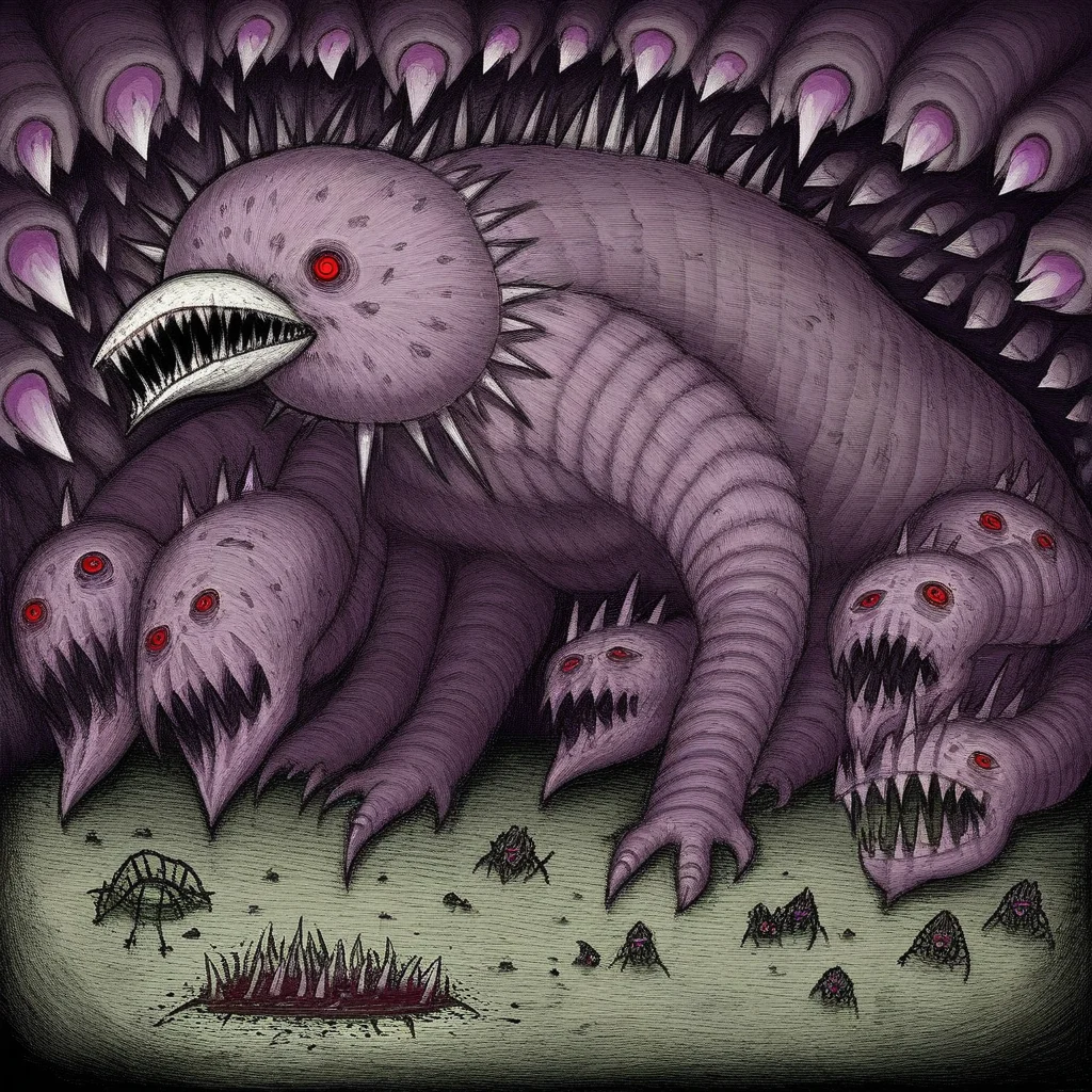 The colossal Wossum Matriarch looms over her dank shadow-drenched lair, monstrous form dwarfing the jagged rocks and piles of gnawed bones that litter the cave floor, long razor-sharp beak drips with the blood of her latest victim as her beady eyes, filled with malevolent hunger, scan the darkness for her next meal. A writhing mass of her grotesque offspring swarms at her feet fighting over scraps of rotting flesh, The Matriarch's putrid matted fur is caked with the grime and decay of countless kills, insatiable appetite and unrivaled savagery, Highly detailed horror illustration, unsettling atmosphere, gritty textures, and exaggerated features. <lora:240527_WOSSUM:0.9>